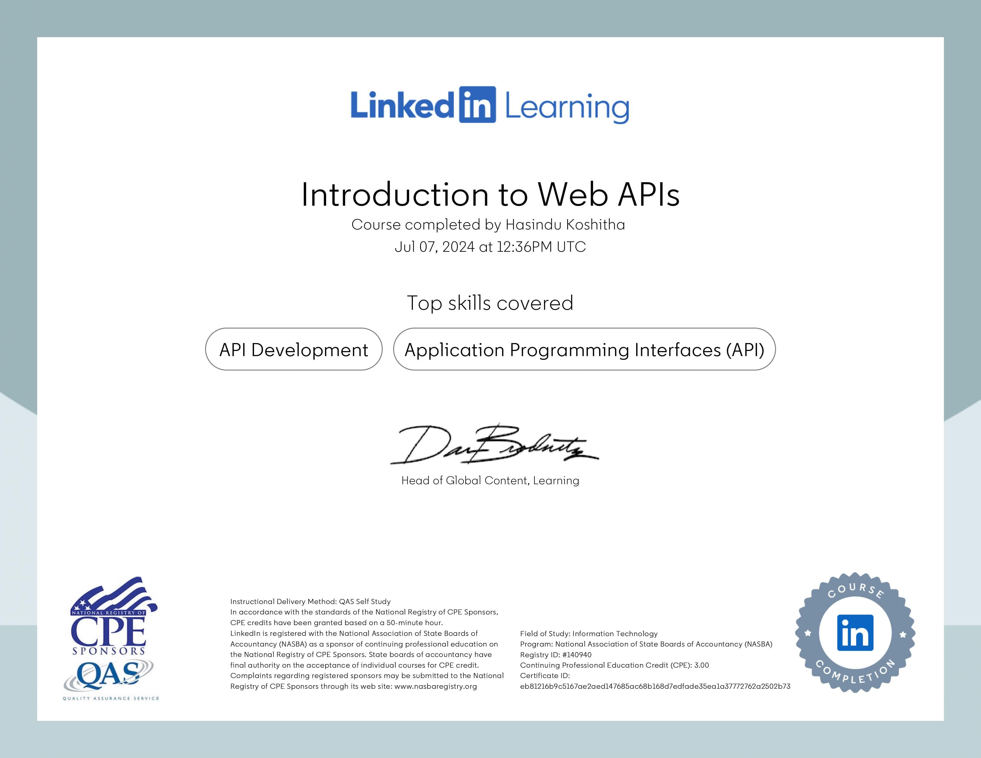Introduction to Web APIs certificate