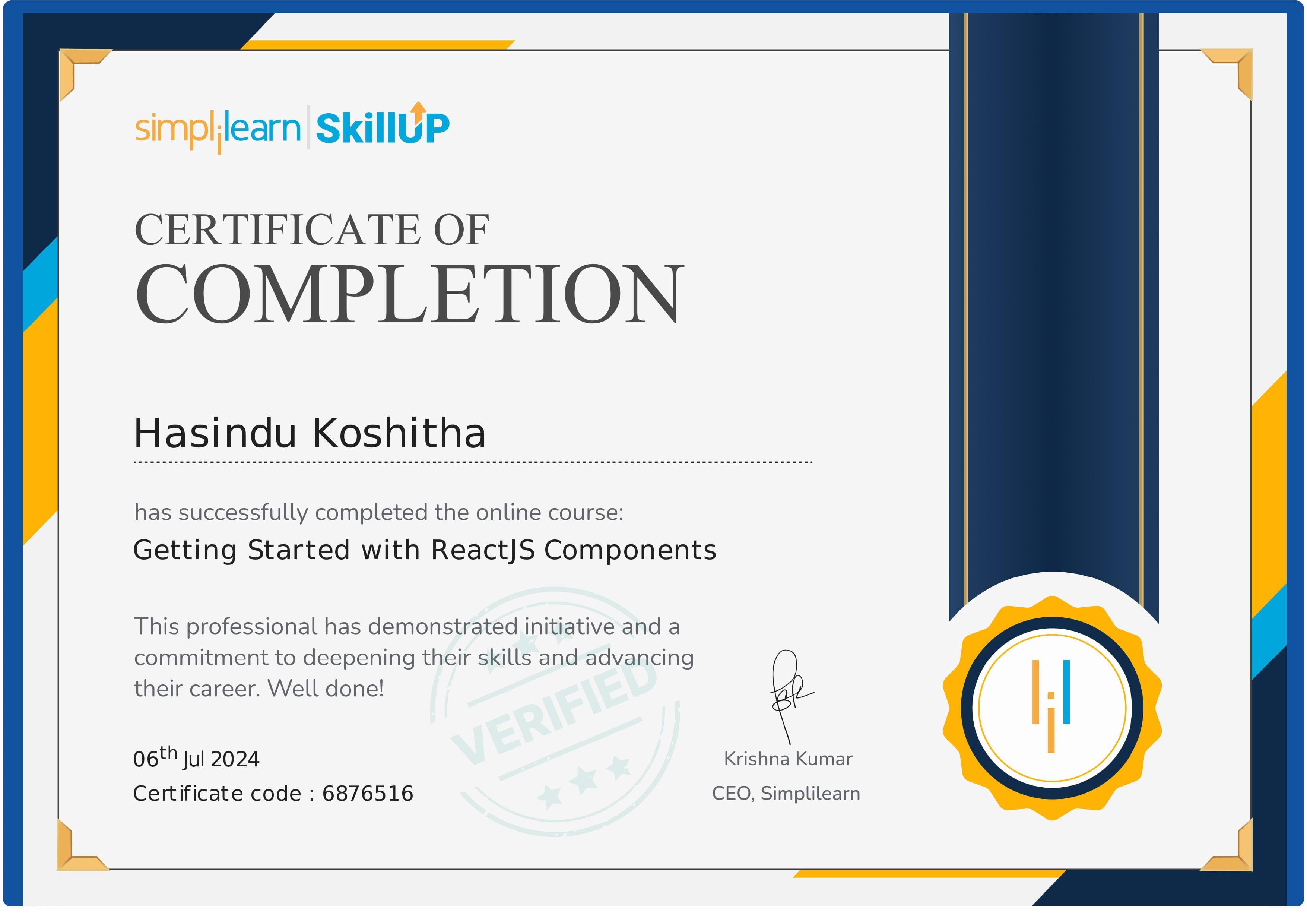 Getting Started with ReactJS Components certificate